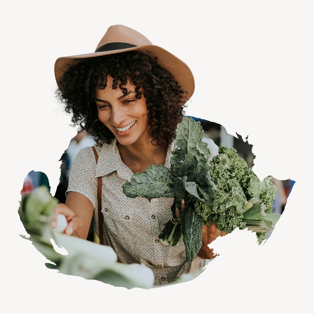 Beautiful woman buying kale at a farmers market collage element psd