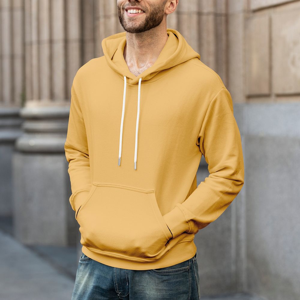 Man in yellow hoodie streetwear men&rsquo;s apparel fashion