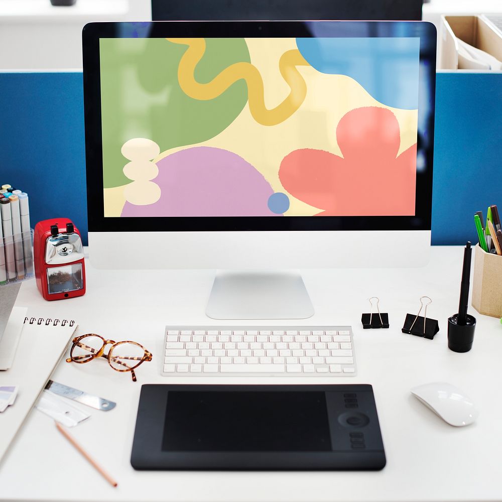 Computer screen mockup, desk setup psd