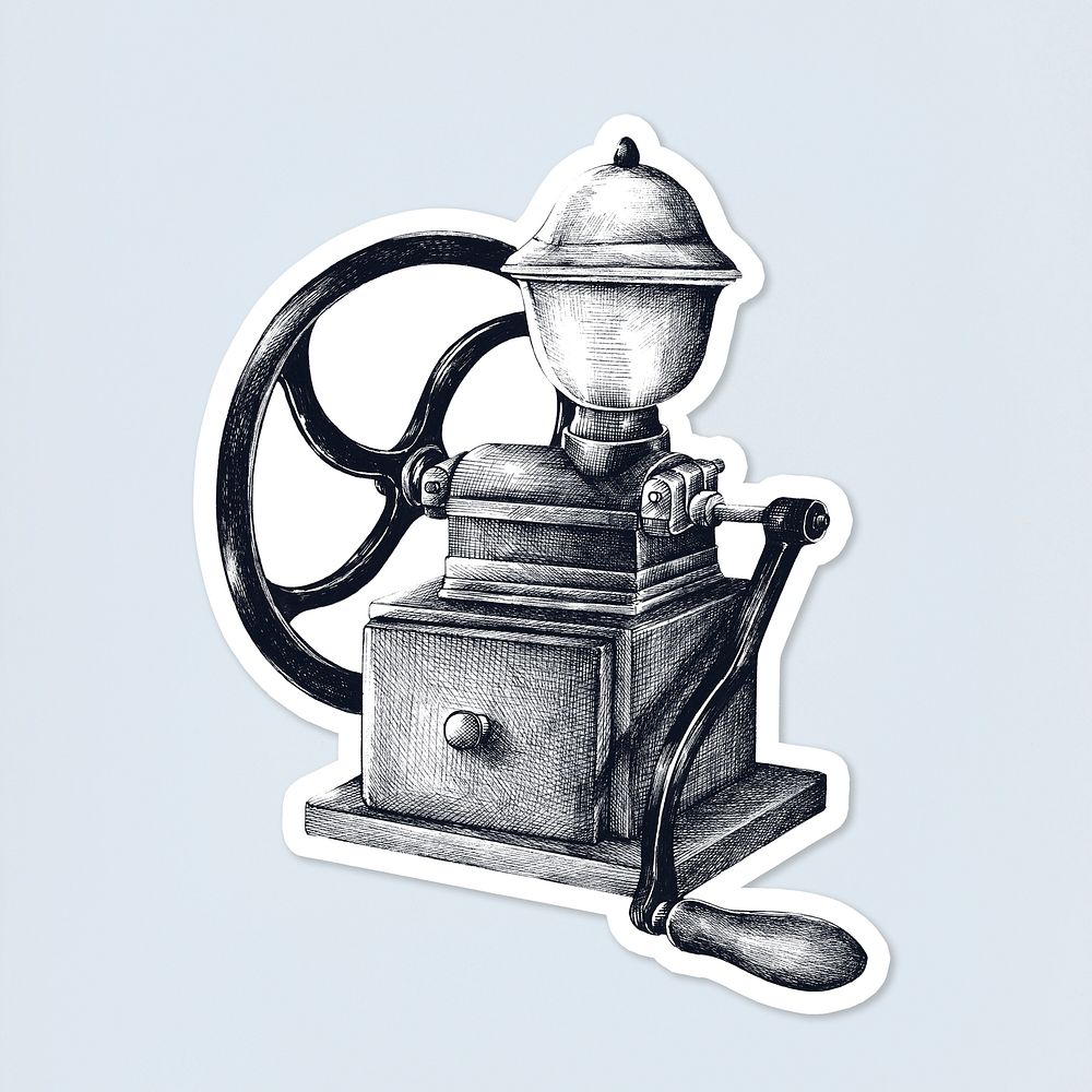 Hand drawn retro coffee grinder sticker on blue background