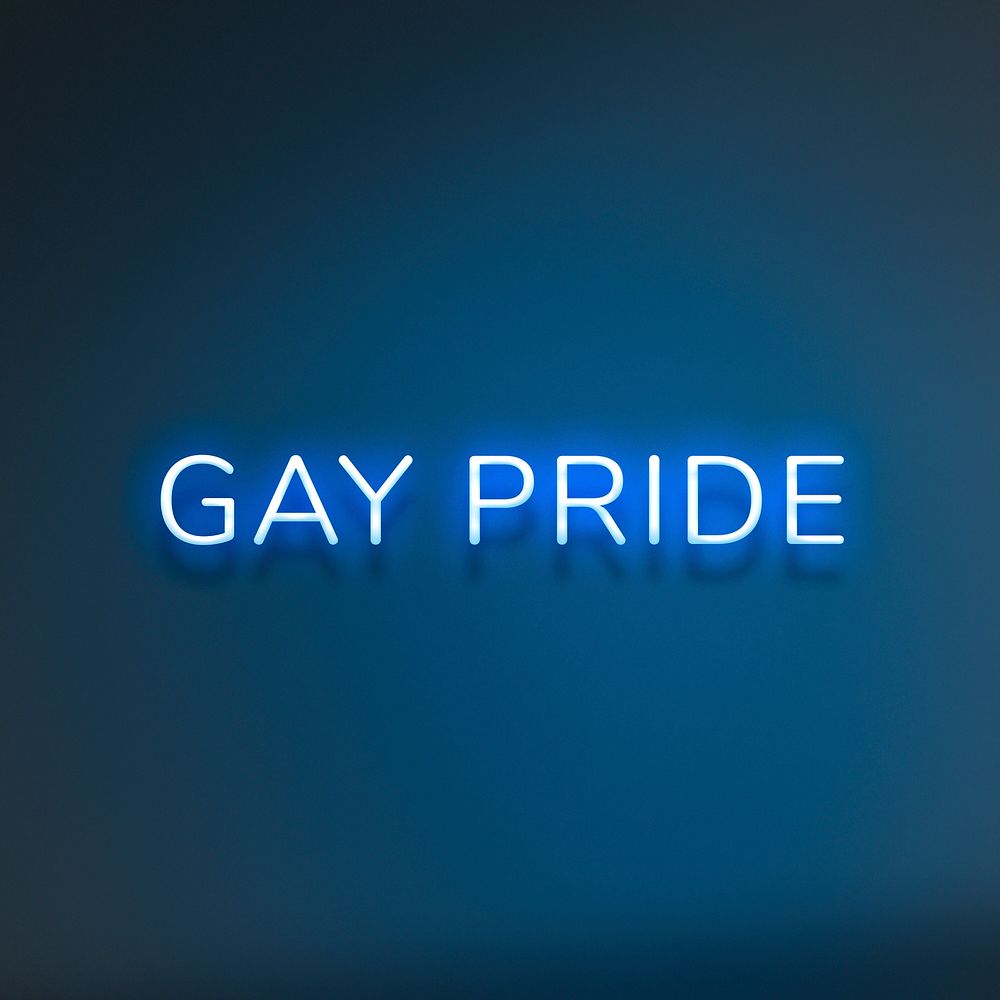 GAY PRIDE neon word typography on a blue background
