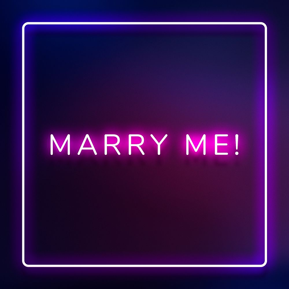 Glowing Marry me neon typography on a dark purple background