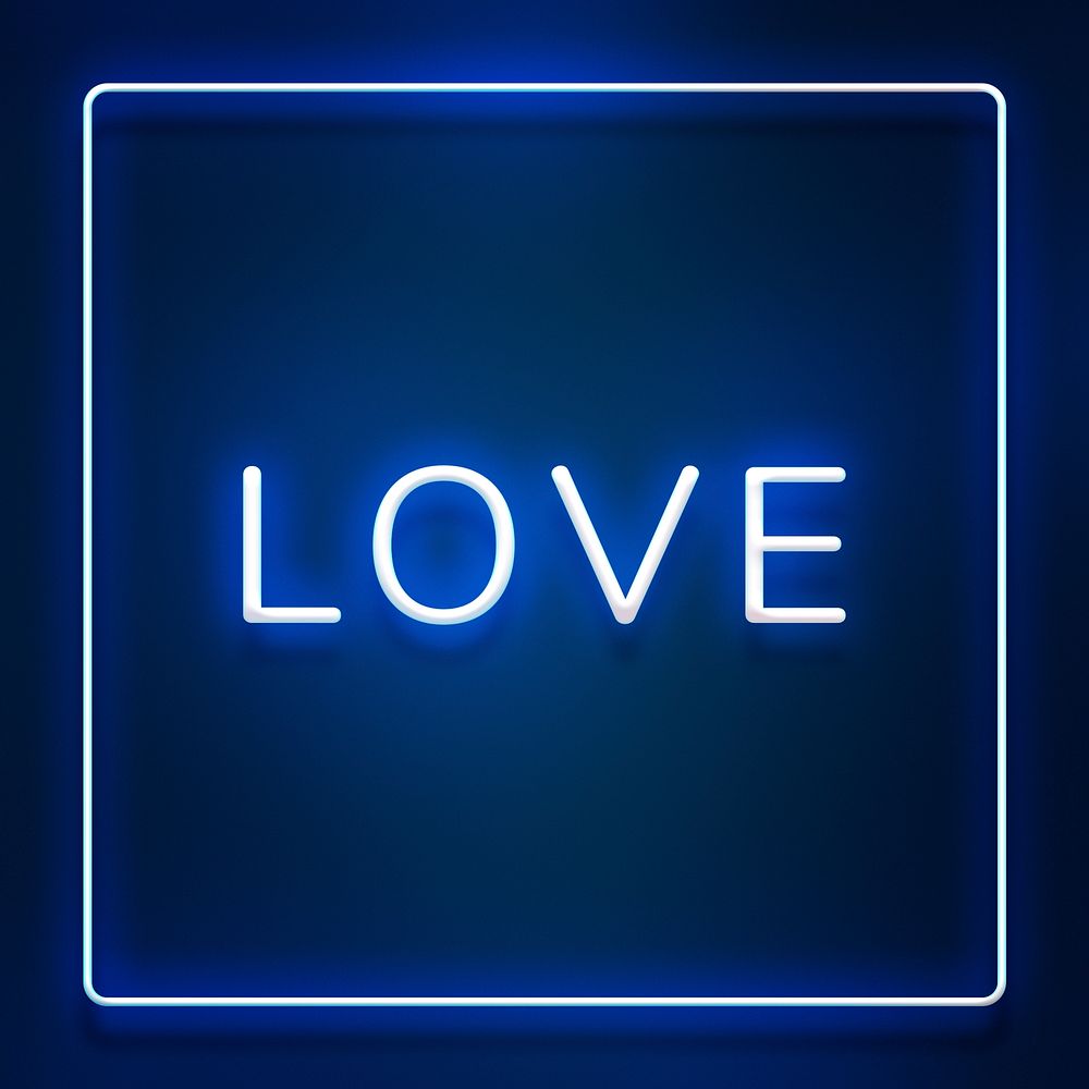 Glowing LOVE neon typography on a blue background