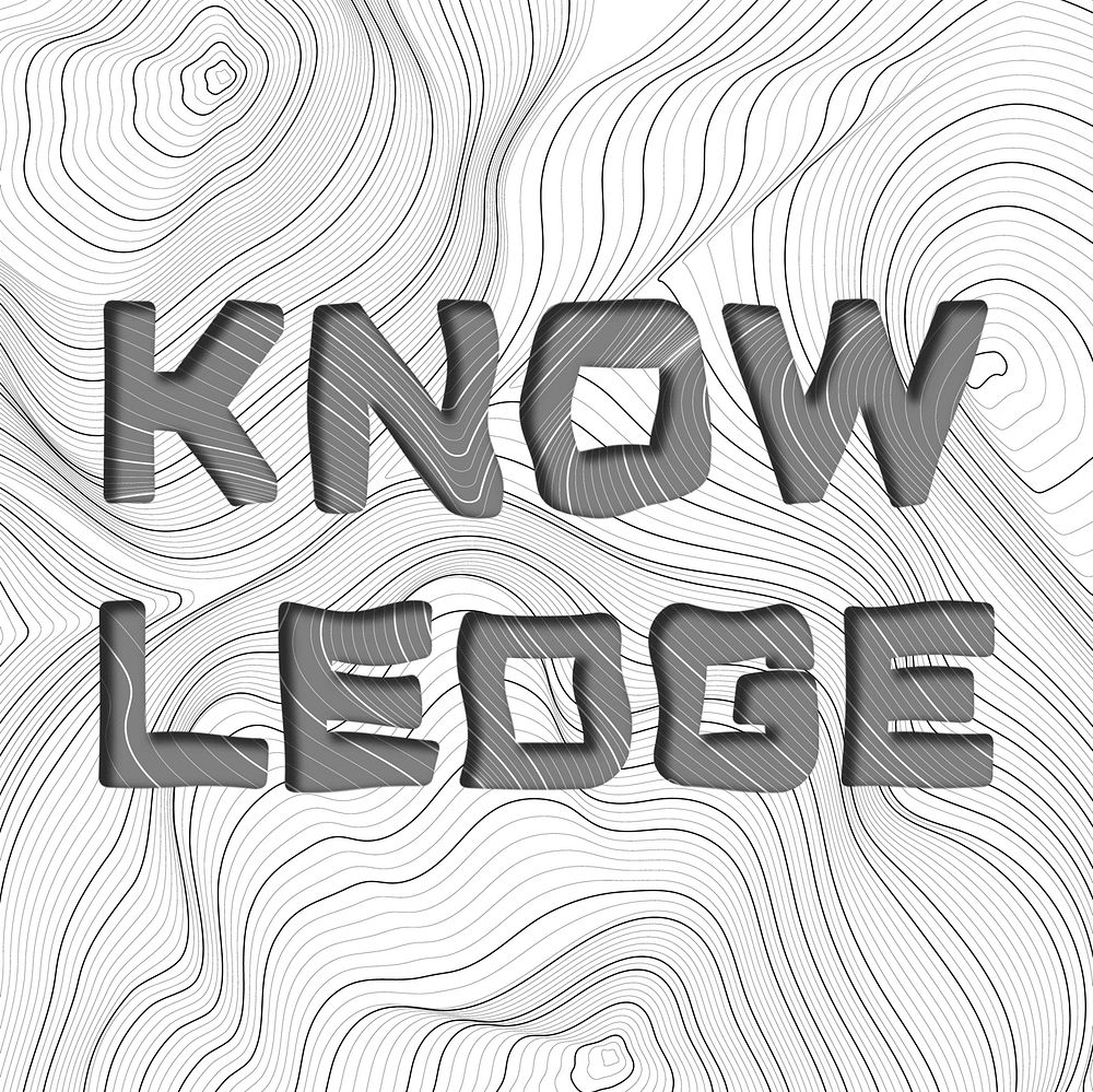 Dark gray knowledge word typography on a white topographic background