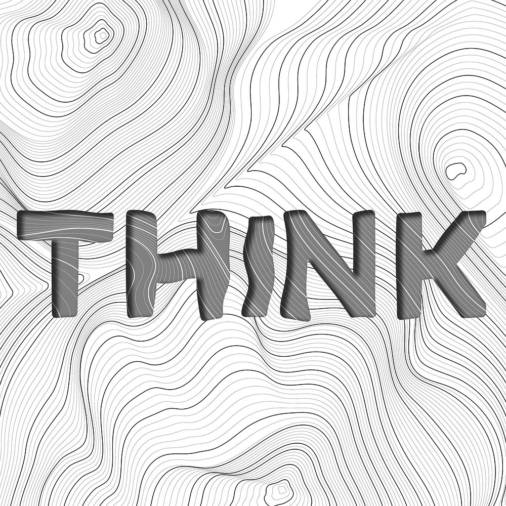 Dark gray think word typography on a white topographic background