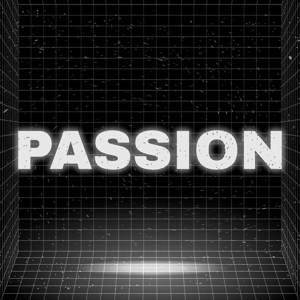 Word PASSION glowing typography design on black