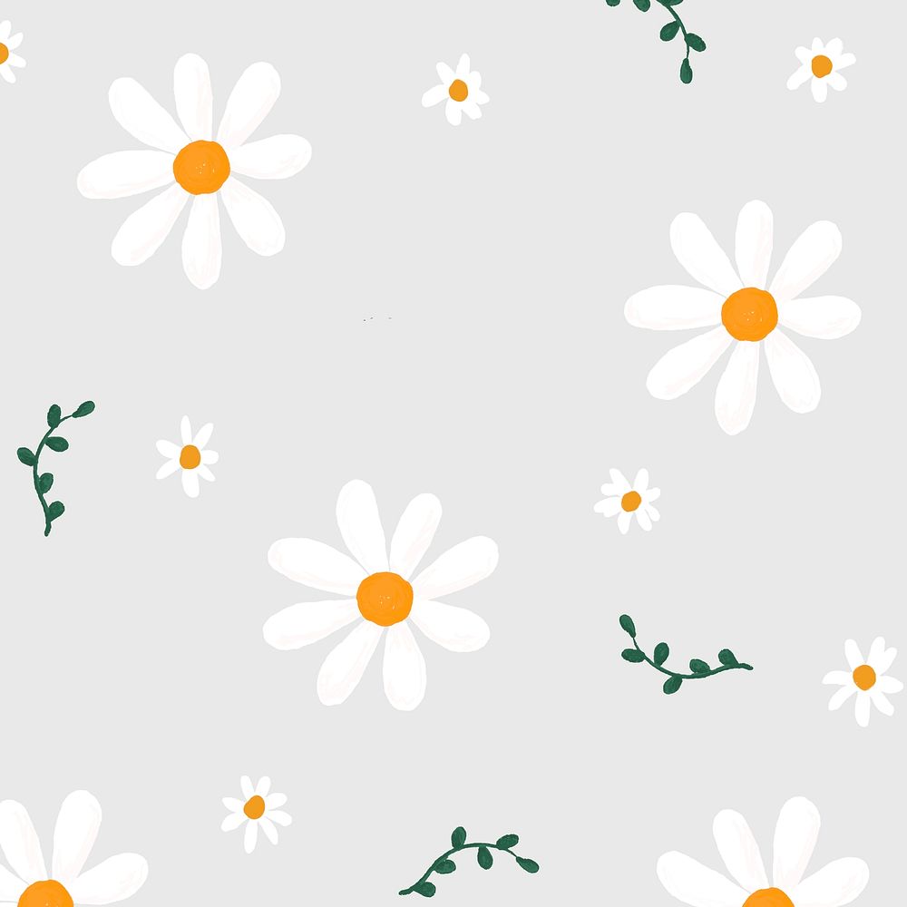White daisies background, grey leaves design 