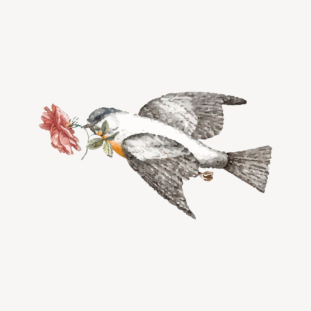 Bird carrying flower collage element, Johan Teyler's art, remixed by rawpixel vector