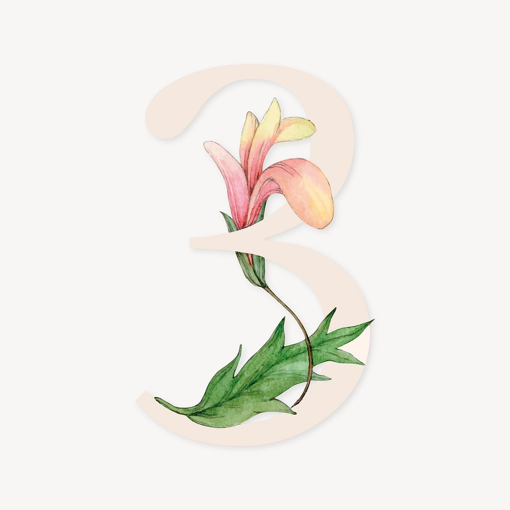 Number 3 flower collage element, botanical design vector