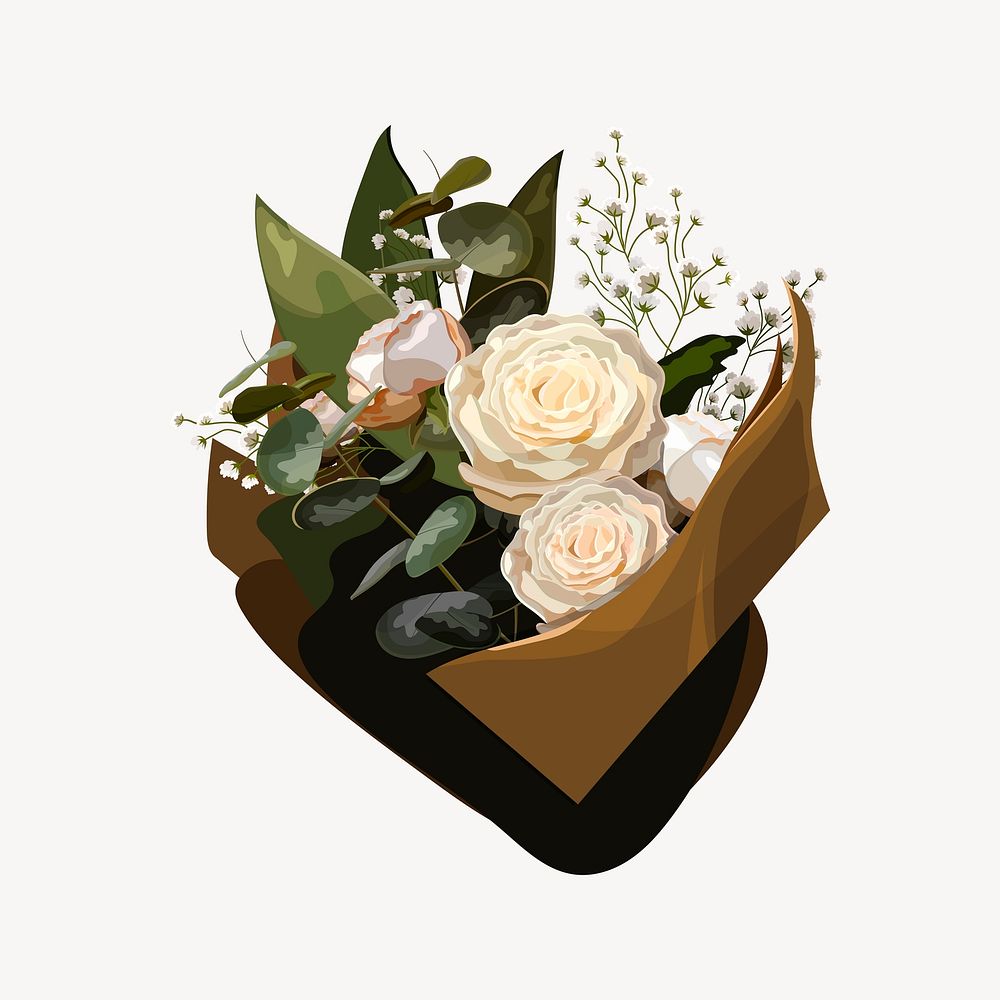 White rose bouquet collage element, aesthetic illustration vector