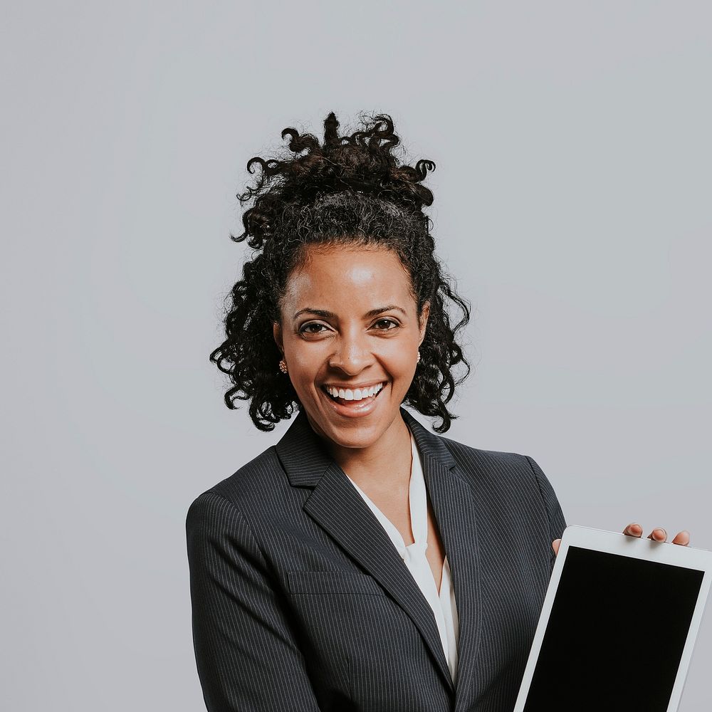 Black smiling businesswoman background, salesperson