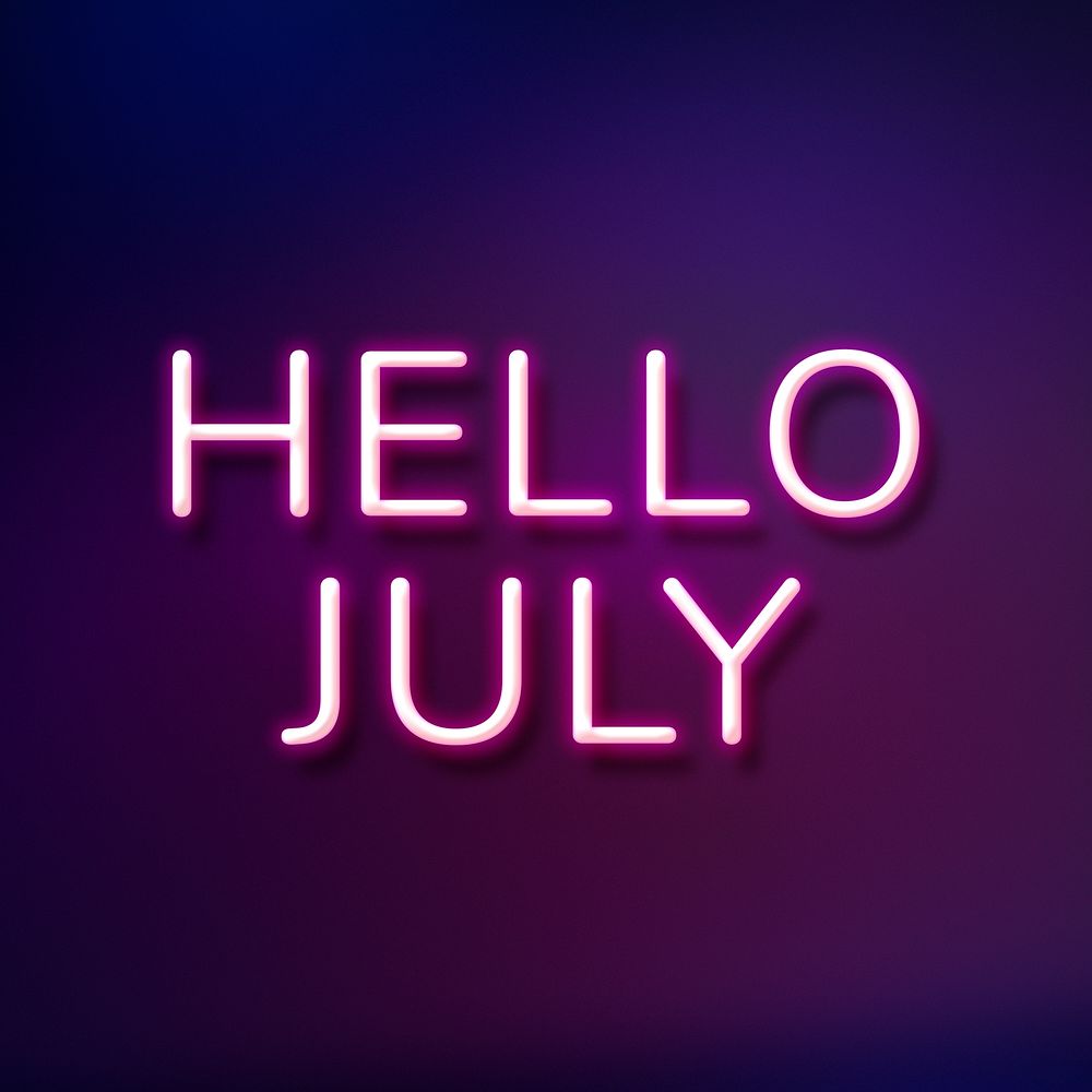 Hello July purple neon typography