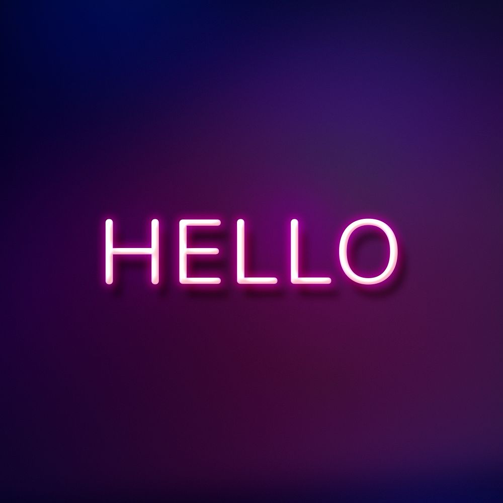 Hello word purple neon lettering