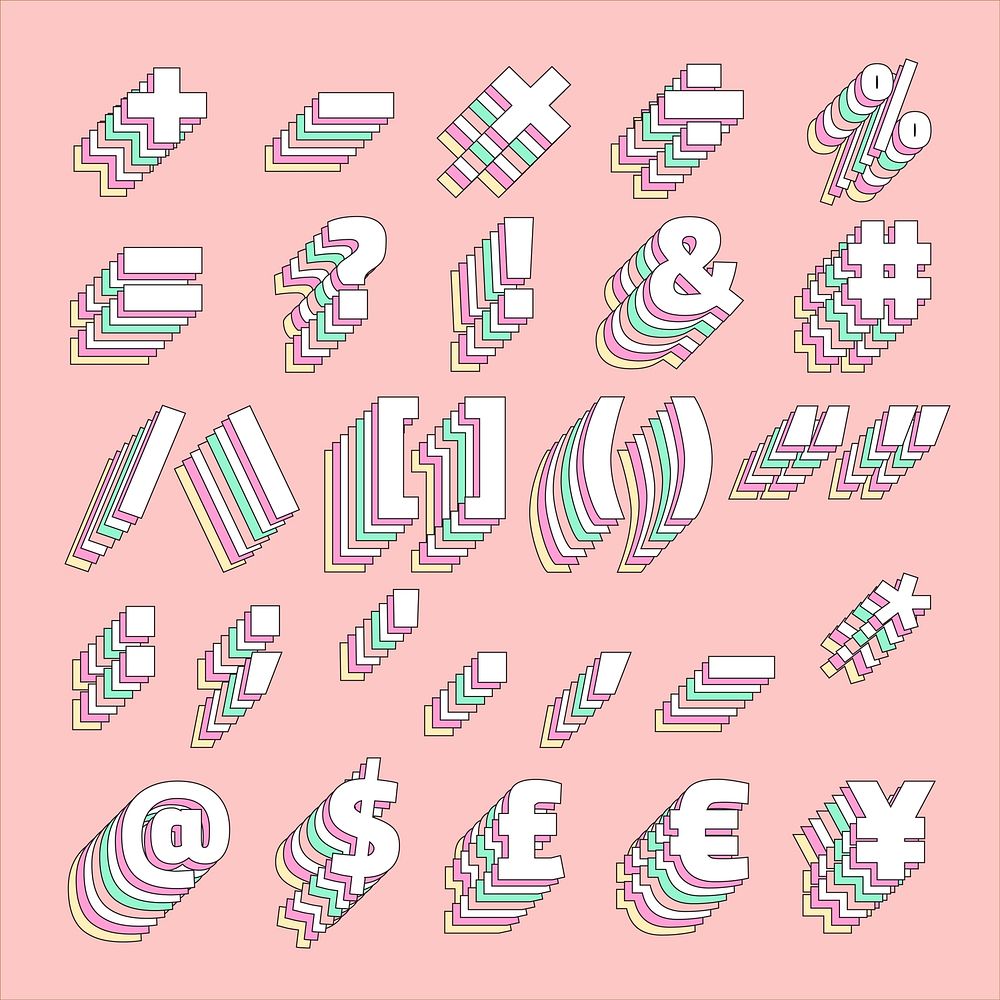 3d pastel symbol set vector retro typography