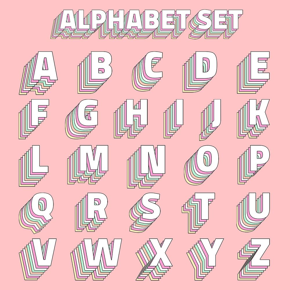 Vintage psd alphabet set layered pastel typography