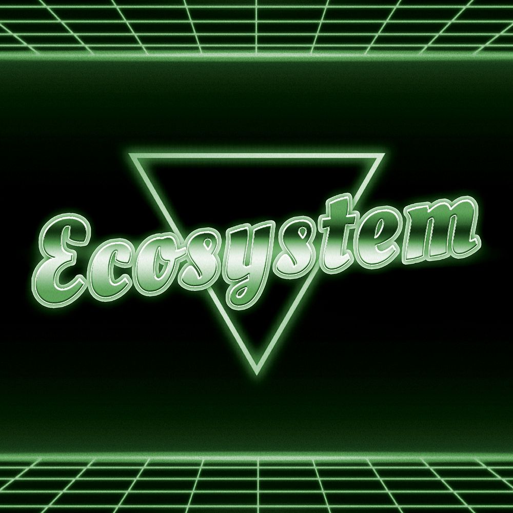 Retro 80s neon ecosystem word grid typography