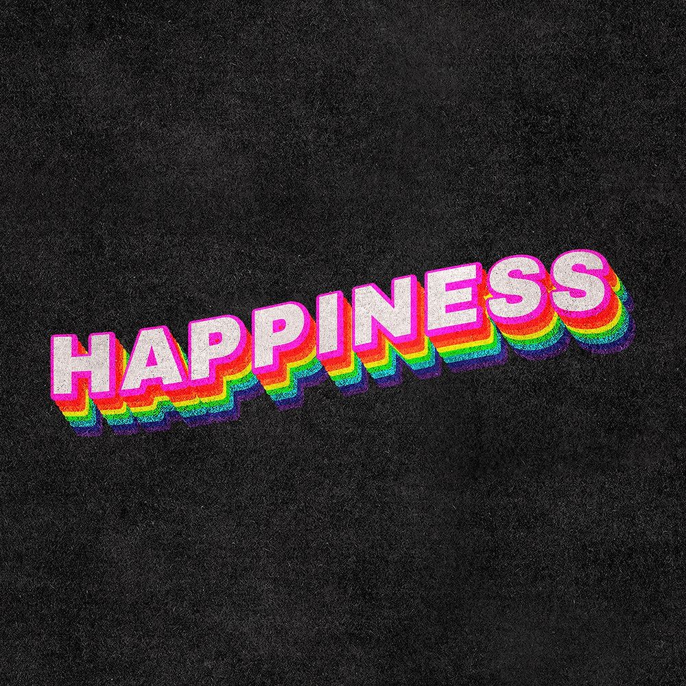HAPPINESS rainbow word typography on black background