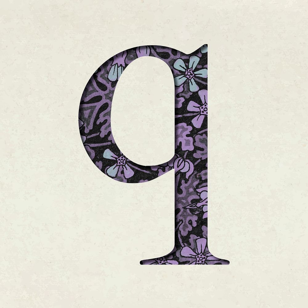 Vintage floral purple lowercase letter q vector typography