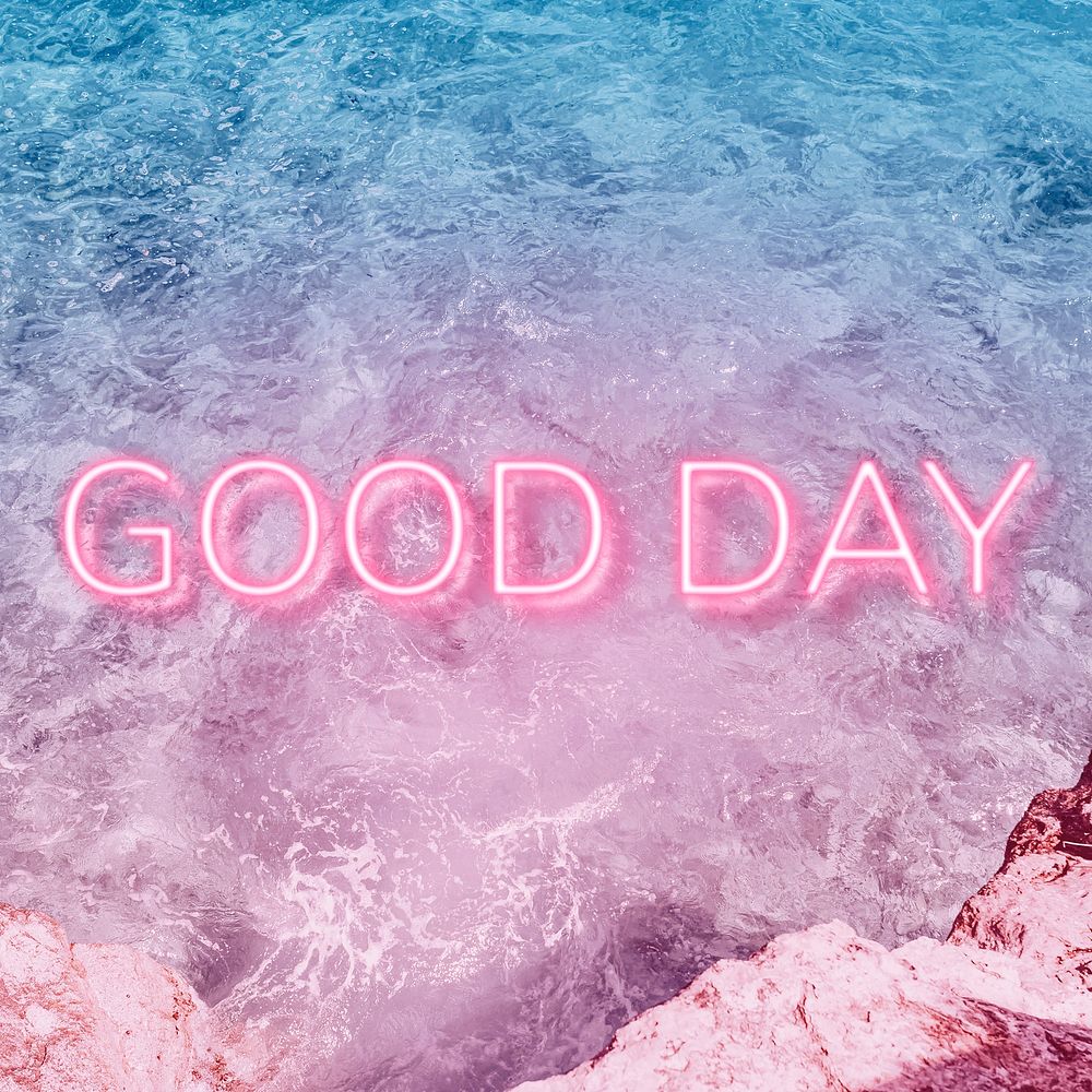 Good day text glowing neon typography sea wave texture