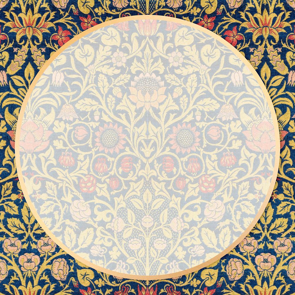Round gold frame on William Morris inspired patterned background