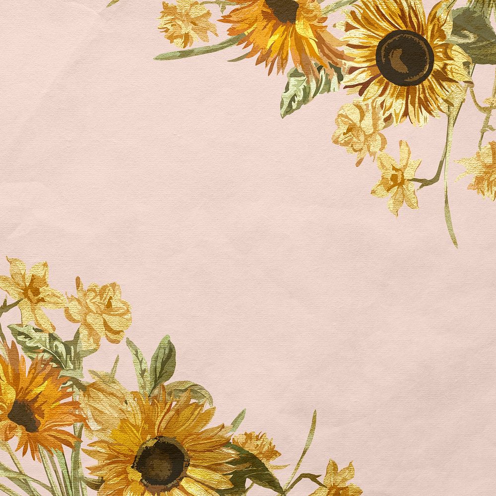 Floral pink border with watercolor hand painted sunflower