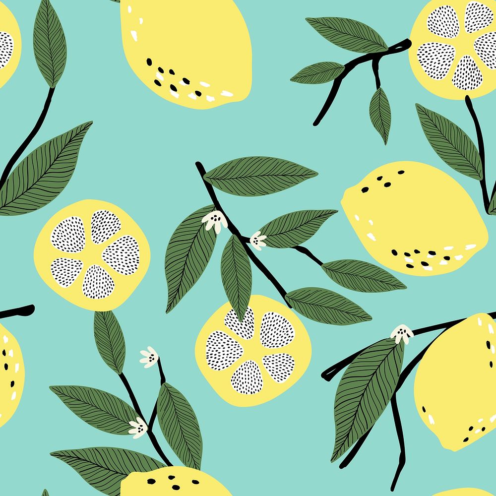 Lemon pattern, mint green background, tropical fruit illustration