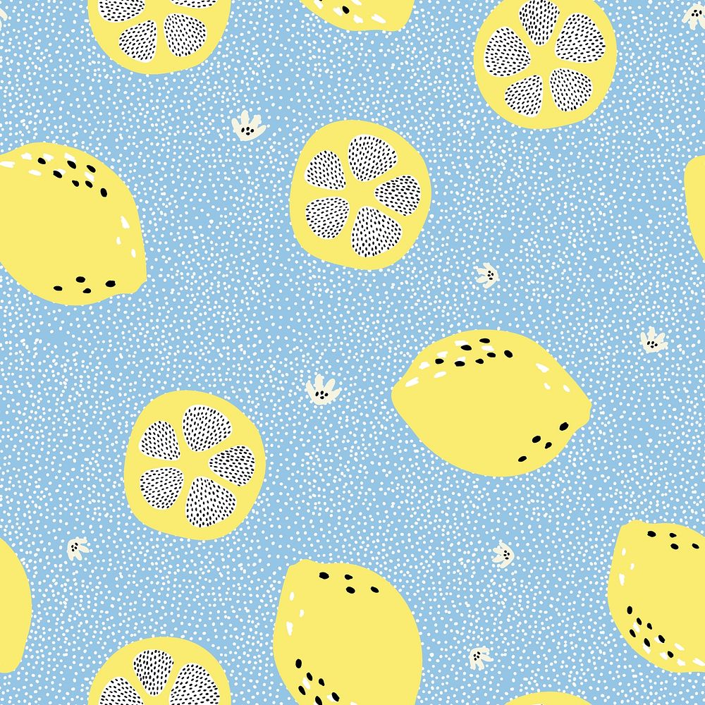 Lemon pattern, blue background, aesthetic fruit doodle