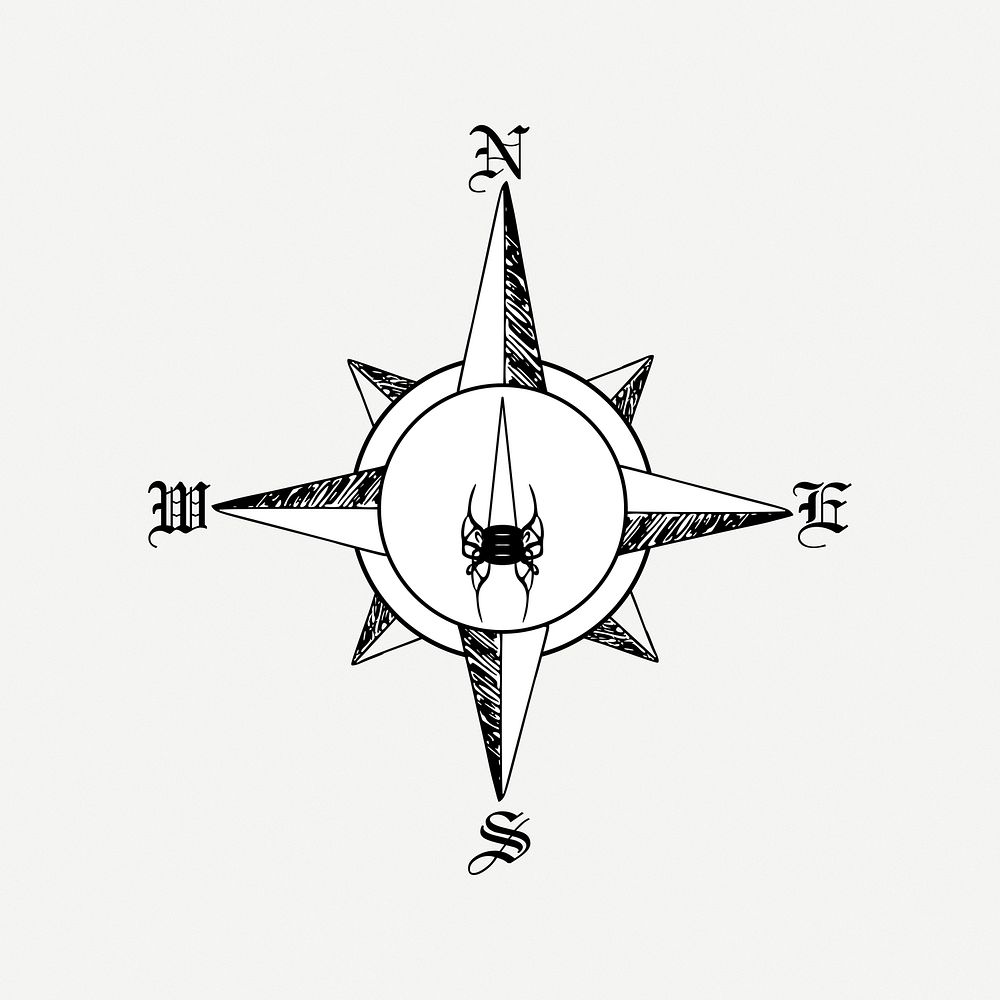 Compass rose  clipart, black & white illustration psd. Free public domain CC0 image.