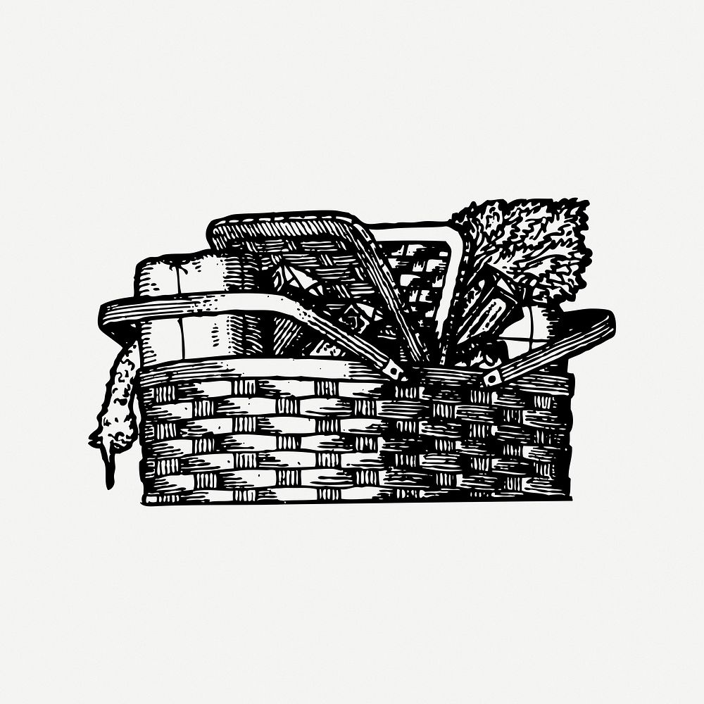 Grocery basket  clipart, black & white illustration psd. Free public domain CC0 image.