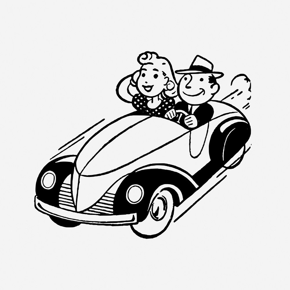 Couple in car drawing illustration. Free public domain CC0 image.