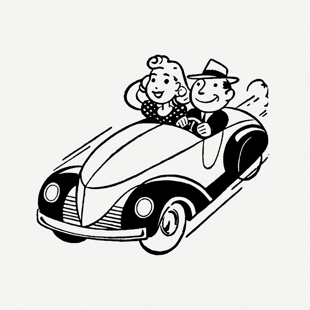 Couple in car  clipart, black & white illustration psd. Free public domain CC0 image.