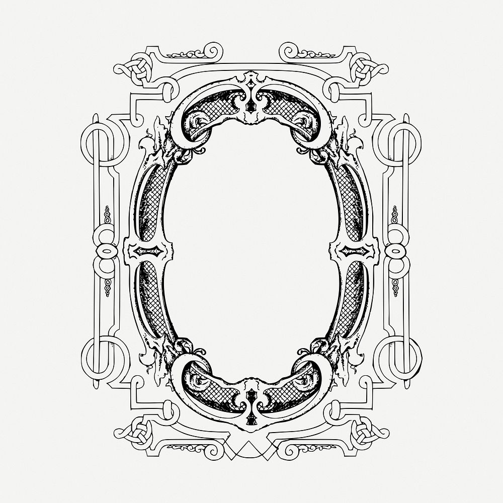 Ornate frame  clipart, black & white illustration psd. Free public domain CC0 image.