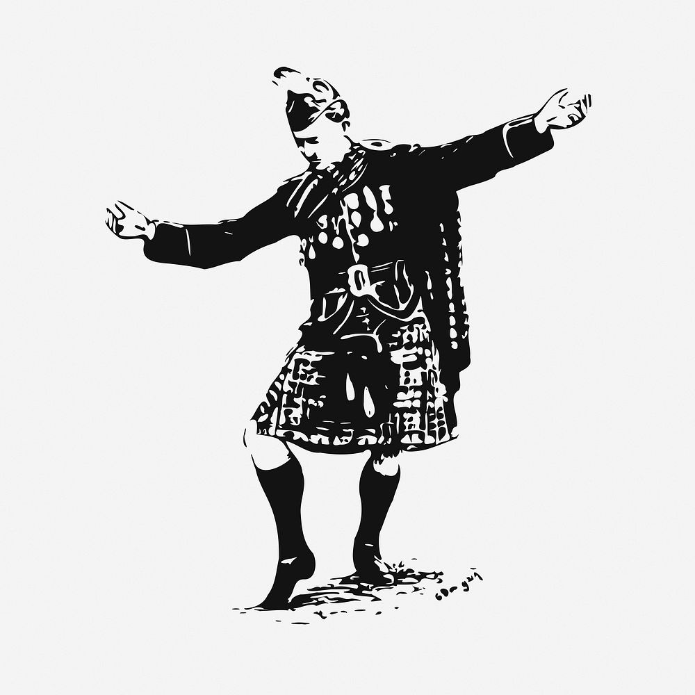Scottish highlander black & white illustration. Free public domain CC0 image.