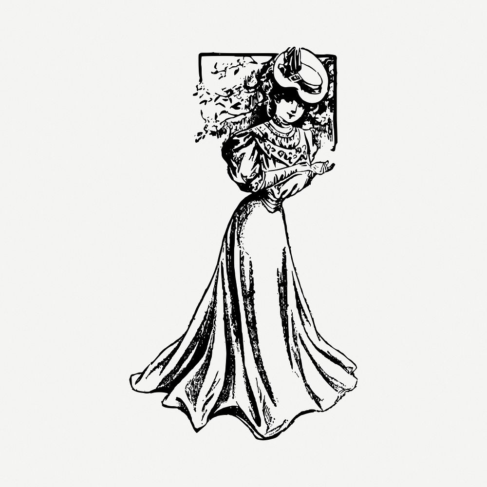 Vintage woman  clipart, black & white illustration psd. Free public domain CC0 image.