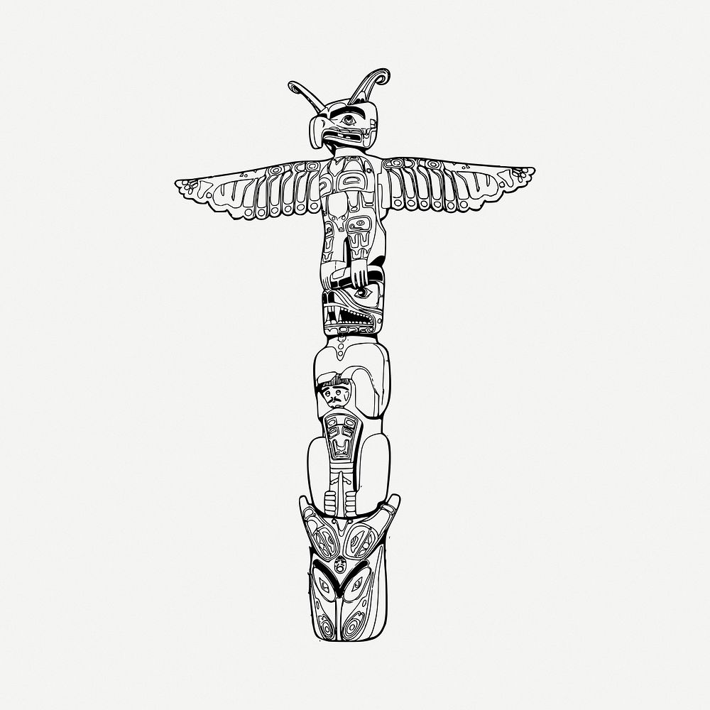 Totem pole  clipart, black & white illustration psd. Free public domain CC0 image.