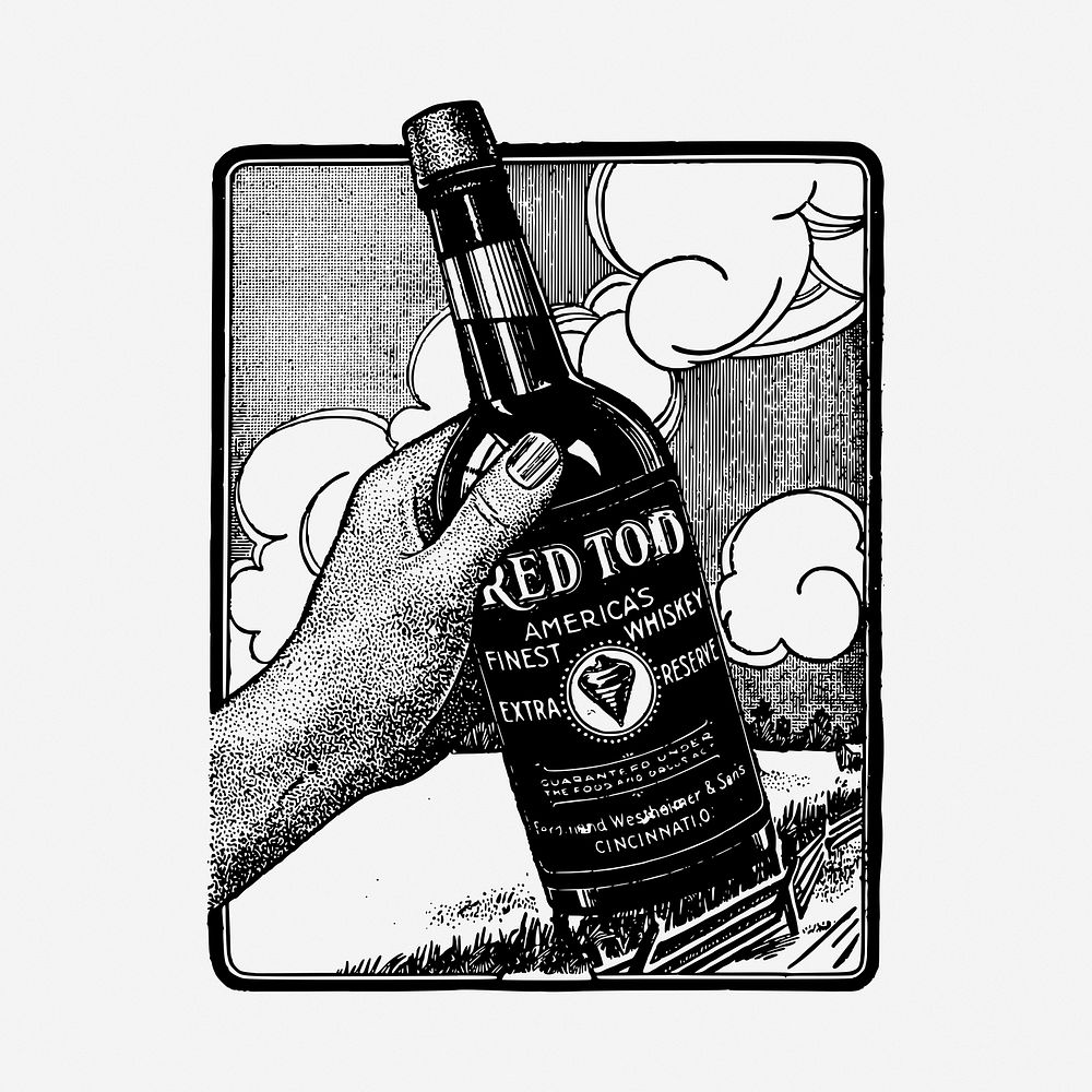 Whiskey bottle drawing illustration. Free public domain CC0 image.