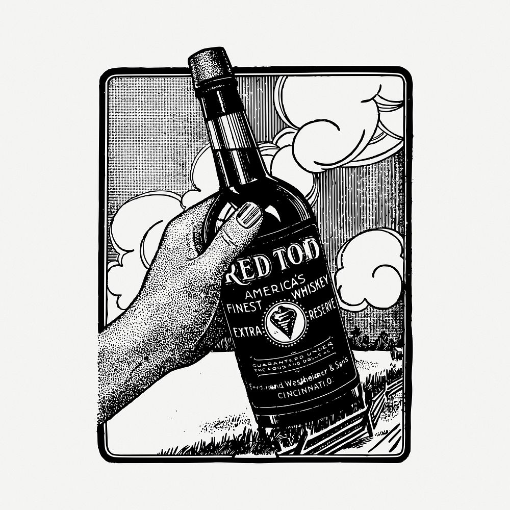 Whiskey bottle  clipart, black & white illustration psd. Free public domain CC0 image.