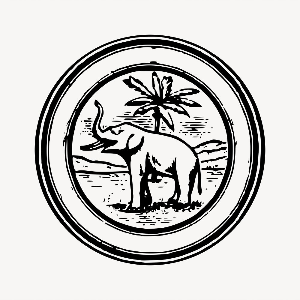 Elephant badge black & white illustration. Free public domain CC0 image.