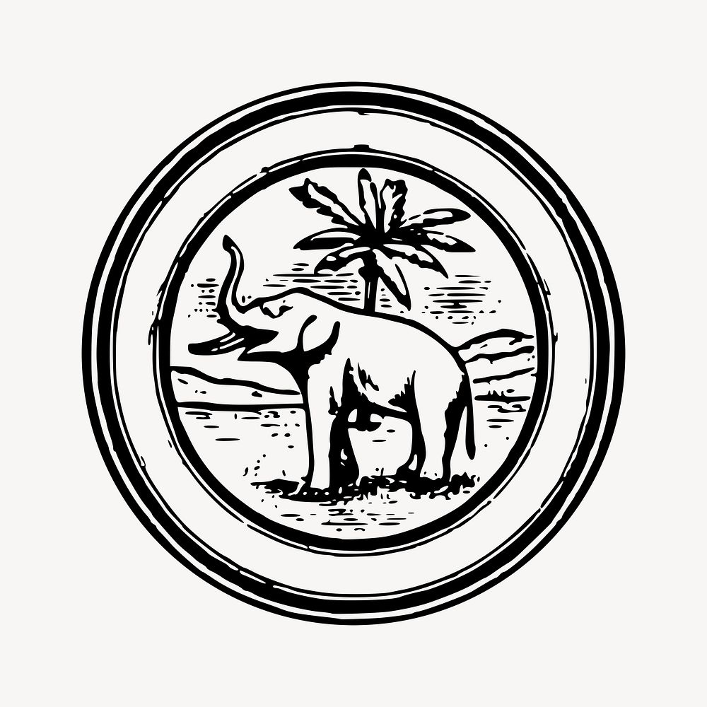 Elephant badge  clipart, black & white illustration psd. Free public domain CC0 image.