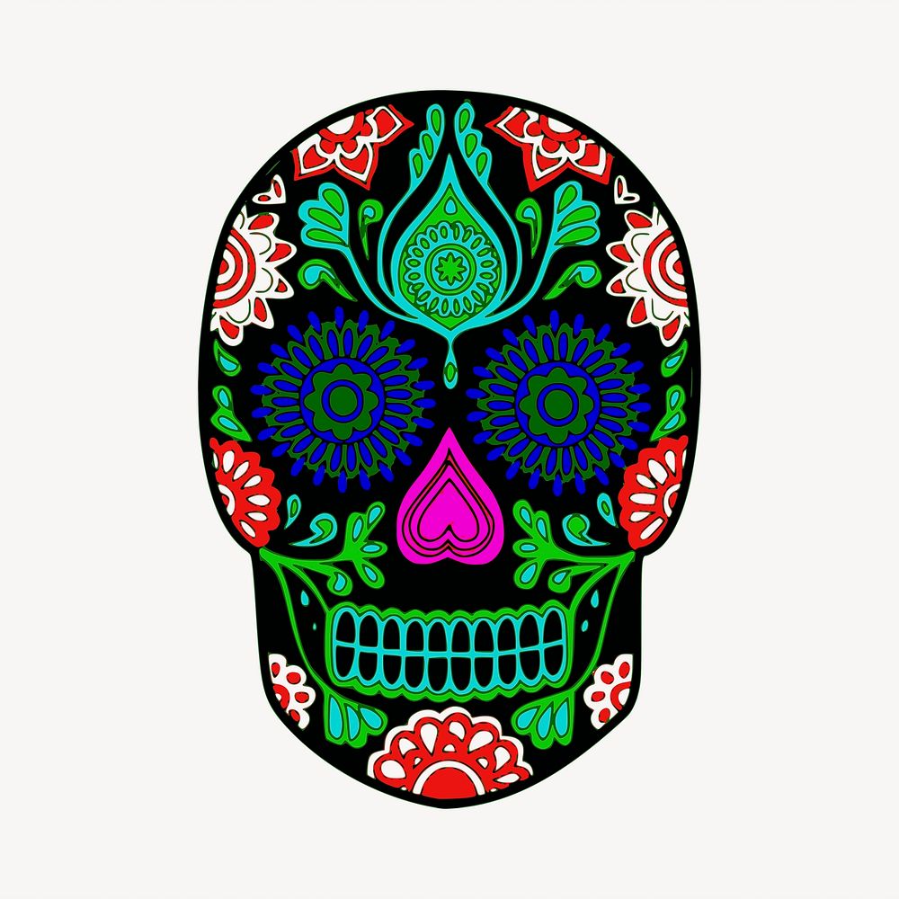 Colorful skull illustration. Free public domain CC0 image.
