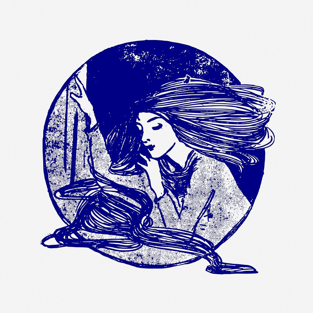 Lovely woman with long hair illustration. Free public domain CC0 image.