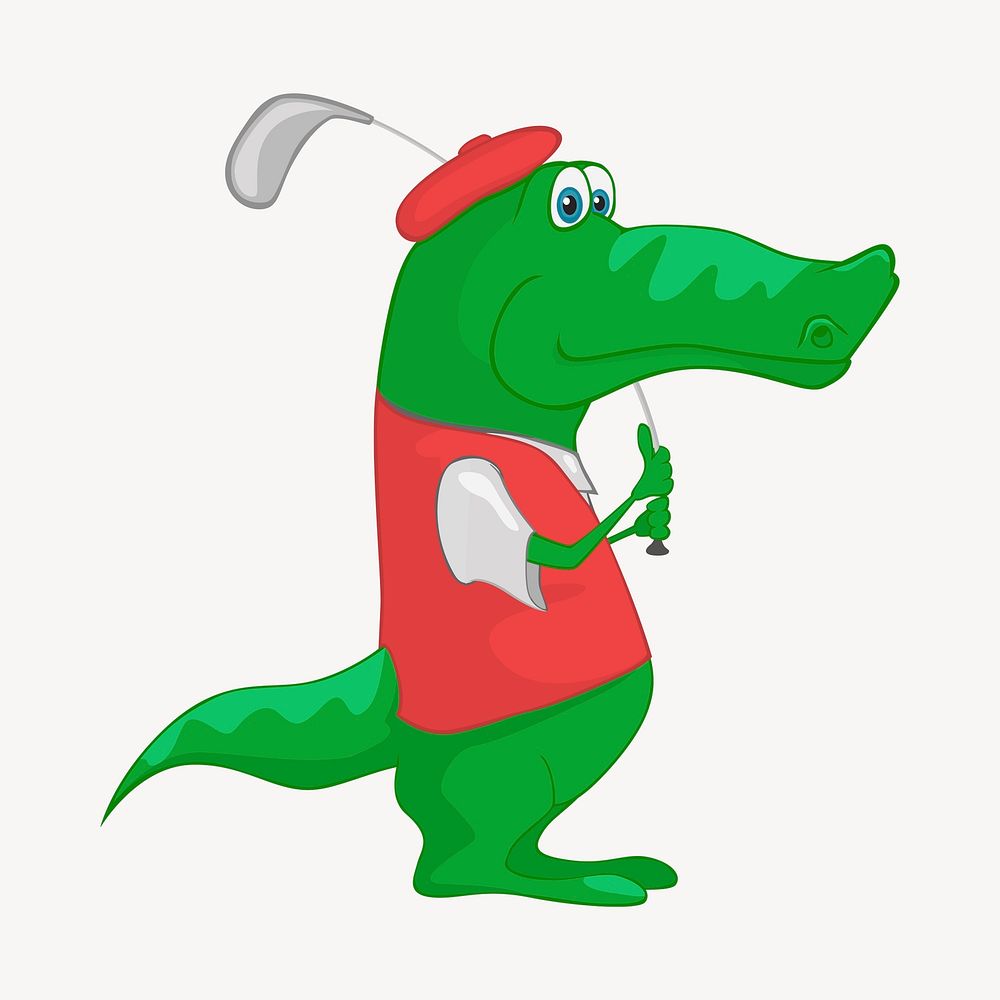Crocodile alligator golfer cartoon illustration. Free public domain CC0 image.