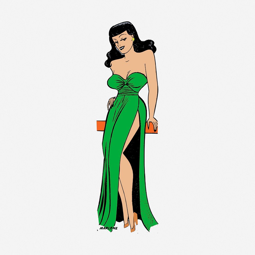 Hot girl in green dress illustration. Free public domain CC0 image.