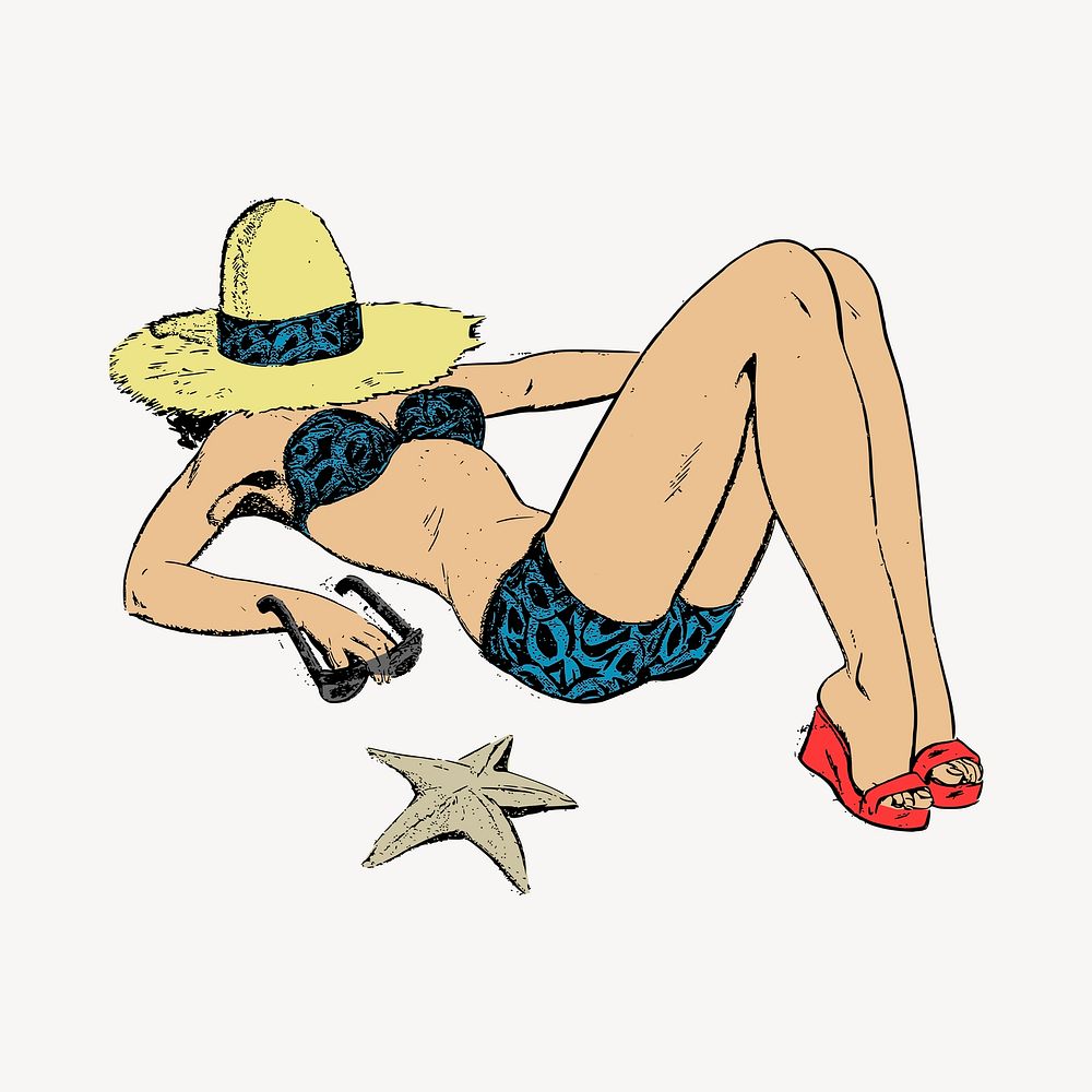 Woman on the beach illustration. Free public domain CC0 image.