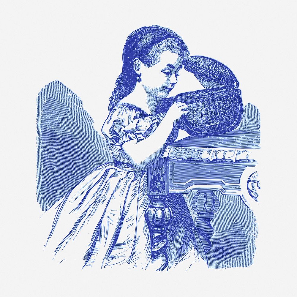 Little girl open the basket illustration. Free public domain CC0 image.