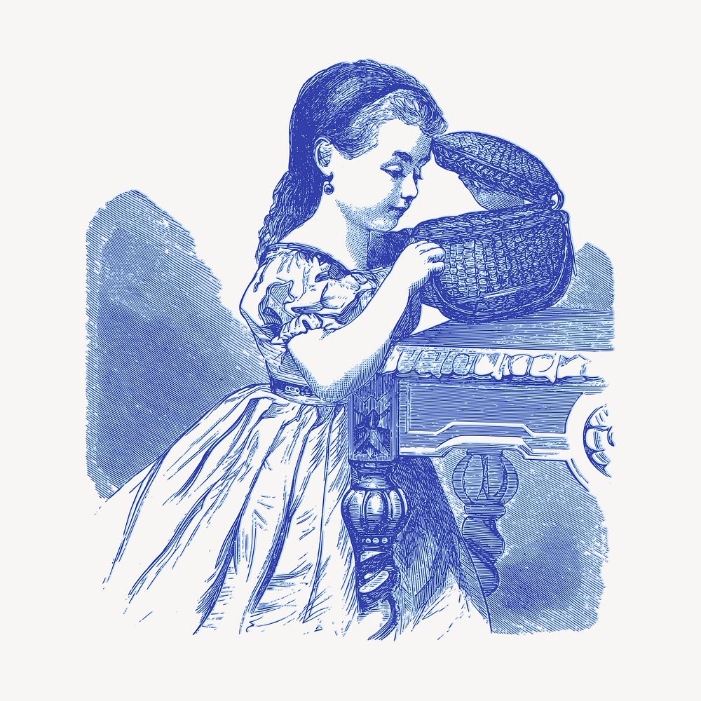 Little girl open the basket clipart vector. Free public domain CC0 image.