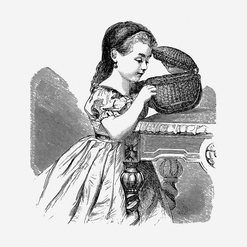 Little girl open the basket illustration. Free public domain CC0 image.