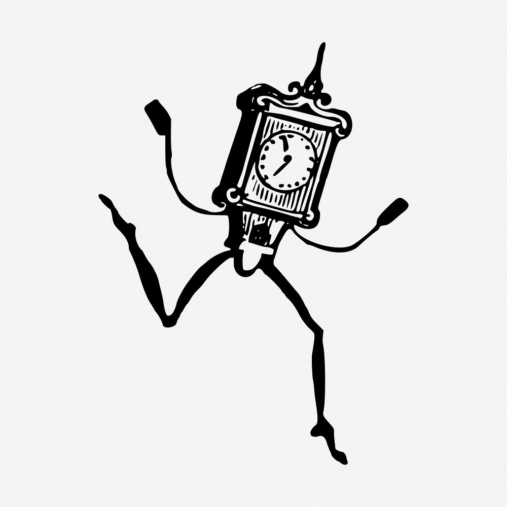Anthropomorphic clock clipart, illustration. Free public domain CC0 image.