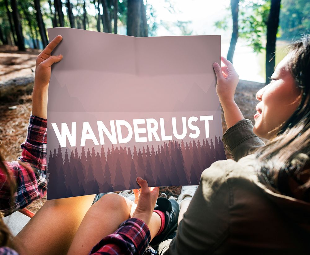 Wanderlust word on nature background with trees