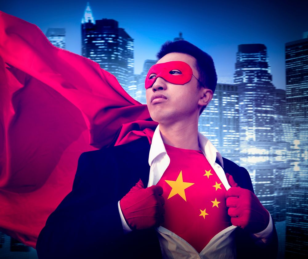Superhero Businessman Chinese Cityscape Concept
